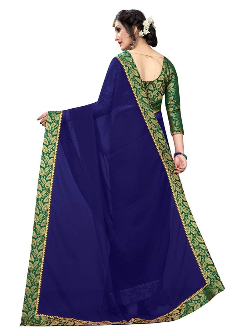 Generic Women's Lace Border Work With Chiffon Saree with Blouse (Navy Blue,5-6 Mtrs)