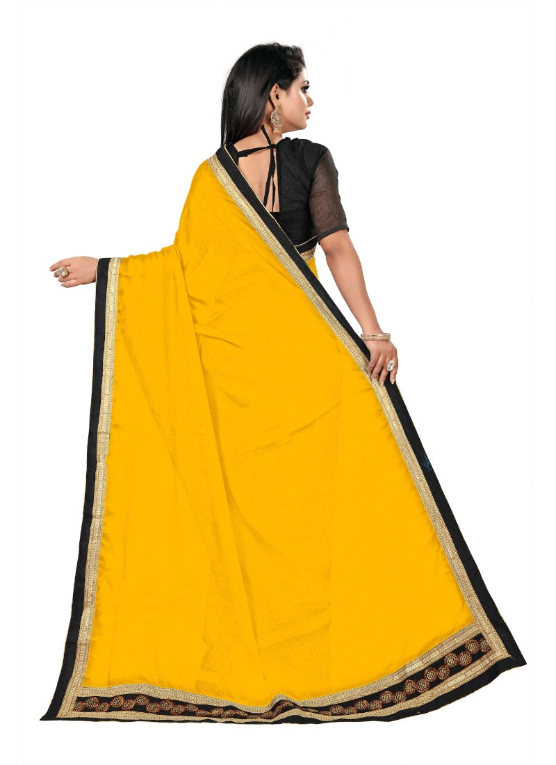 Generic Women's Lace Border Work With Chiffon Saree with Blouse (Yellow,5-6 Mtrs)