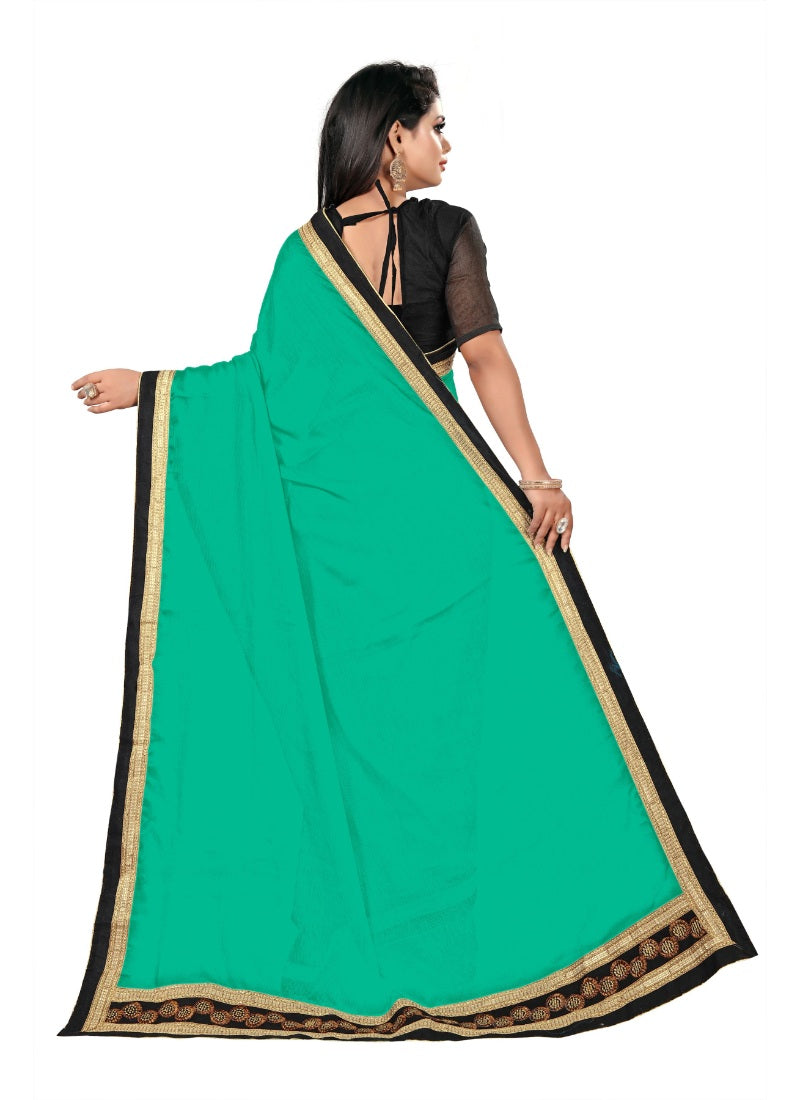 Generic Women's Lace Border Work With Chiffon Saree with Blouse (Sea Green,5-6 Mtrs)
