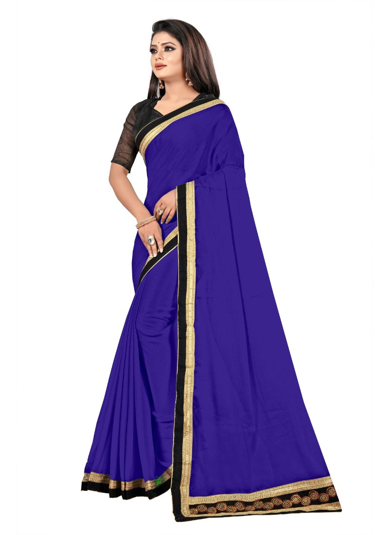 Generic Women's Lace Border Work With Chiffon Saree with Blouse (Royal Blue,5-6 Mtrs)