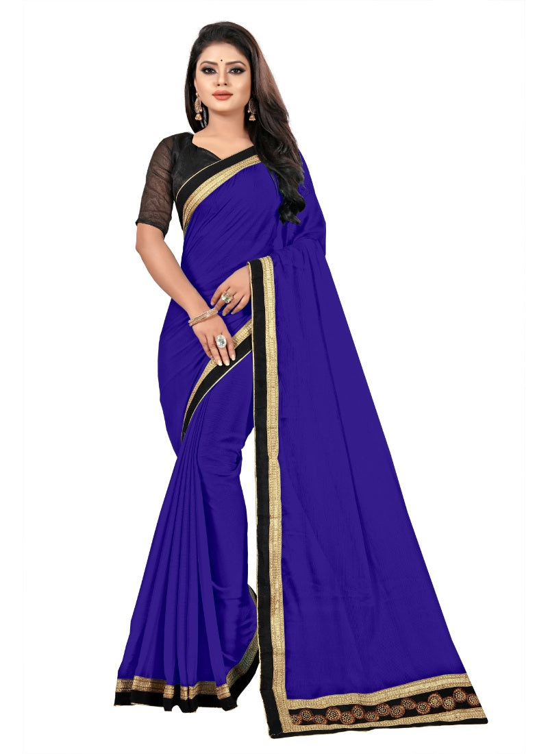 Generic Women's Lace Border Work With Chiffon Saree with Blouse (Royal Blue,5-6 Mtrs)