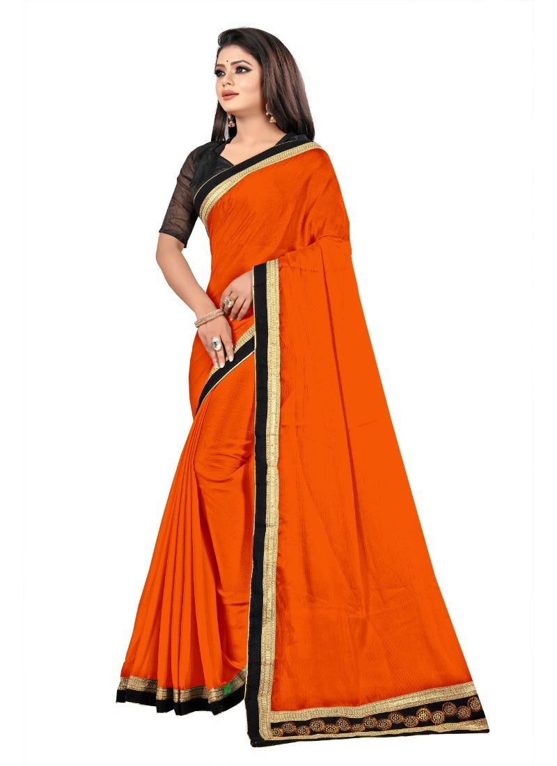 Generic Women's Lace Border Work With Chiffon Saree with Blouse (Orange,5-6 Mtrs)