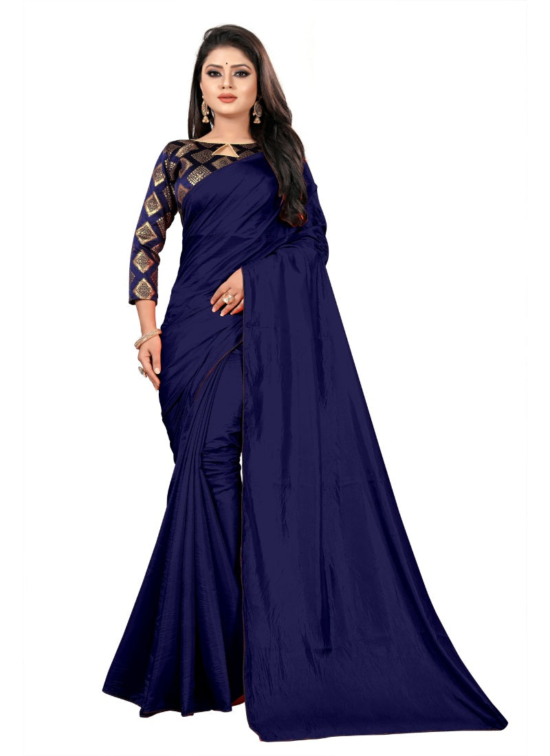 Generic Women's Paper Silk Saree wih Blouse (Navy Blue, 5-6mtrs)