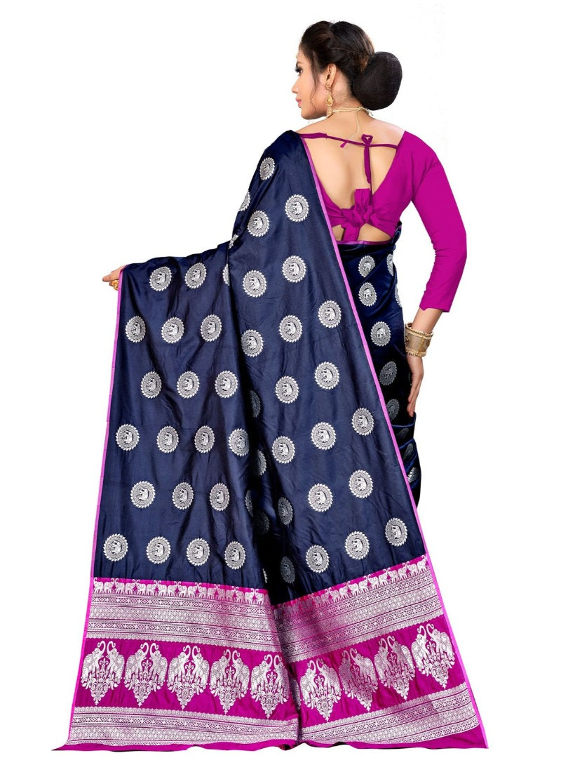 Generic Women's Banarasi Silk Saree (Neavy blue, 5-6mtrs)