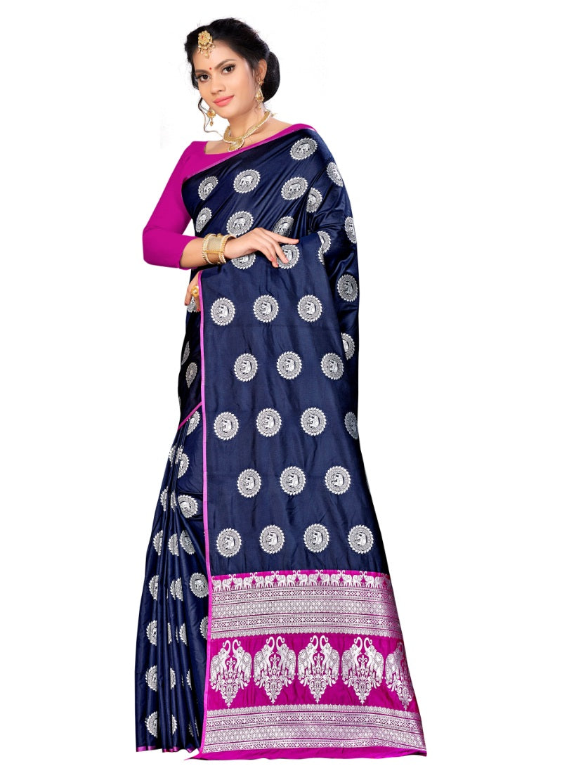 Generic Women's Banarasi Silk Saree (Neavy blue, 5-6mtrs)