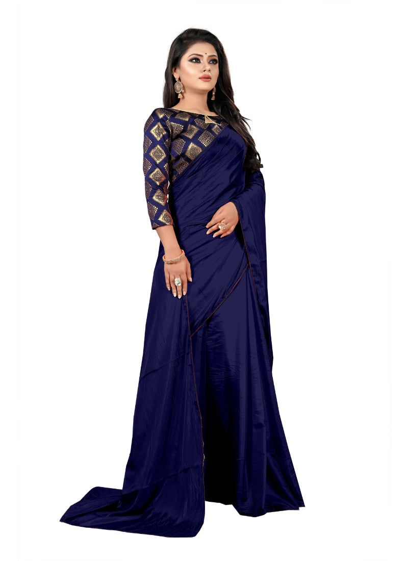 Generic Women's Paper Silk Saree With Jacquard Blouse Piece (Navy Blue, 5-6mtrs)