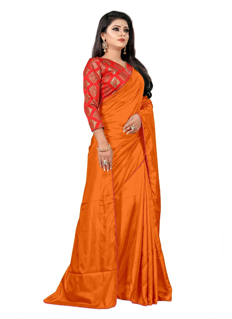 Generic Women's Paper Silk Saree With Jacquard Blouse Piece (Orange, 5-6mtrs)