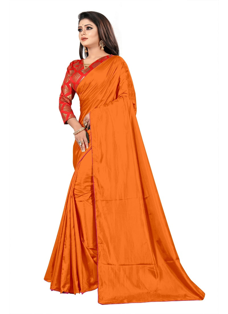 Generic Women's Paper Silk Saree With Jacquard Blouse Piece (Orange, 5-6mtrs)