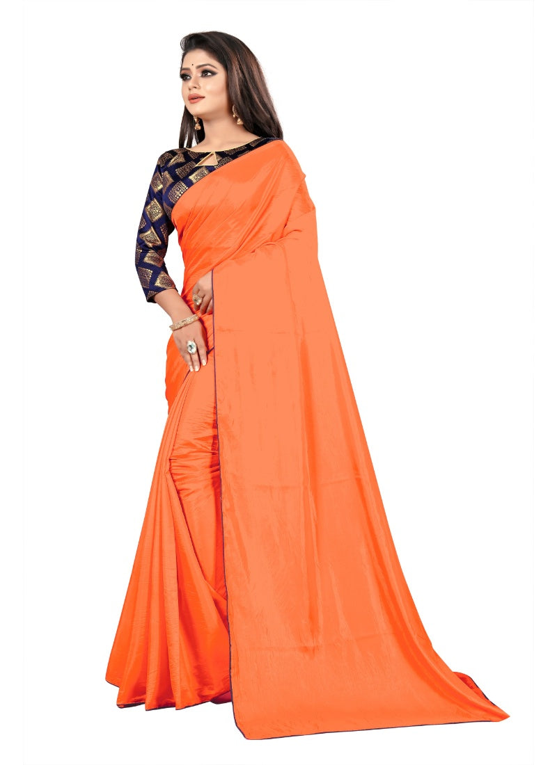 Generic Women's Paper Silk Saree With Jacquard Blouse Piece (Orange, 5-6mtrs)