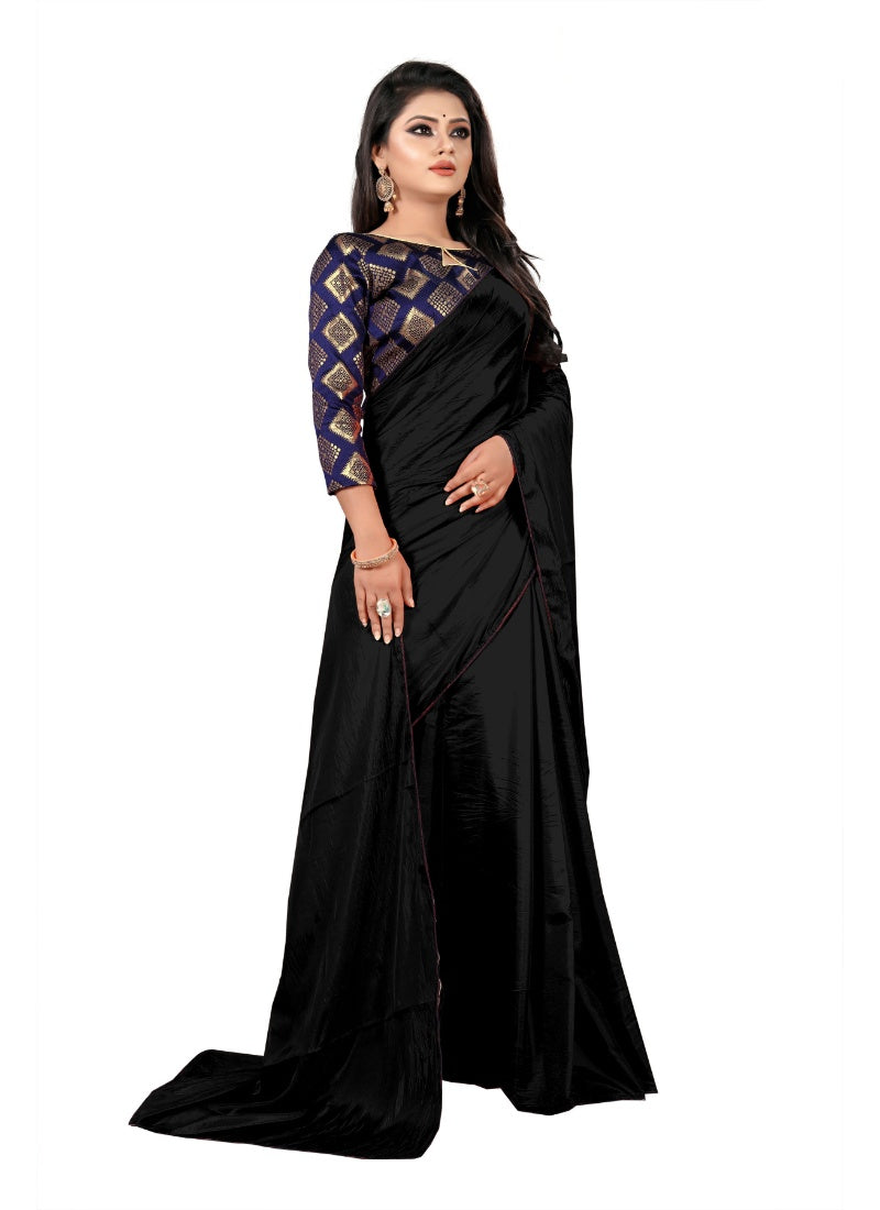 Generic Women's Paper Silk Saree With Jacquard Blouse Piece (Black, 5-6mtrs)