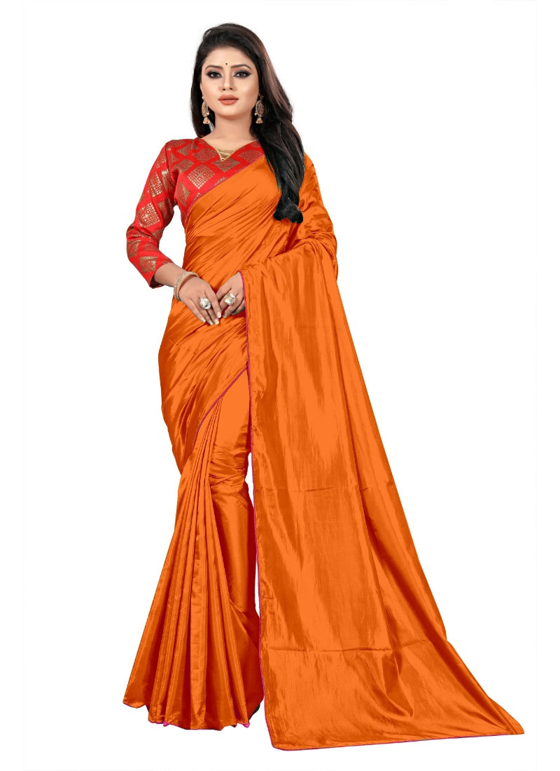 Generic Women's Paper Silk Saree With Jacquard Blouse Piece (Orange, 5-6mtrs)