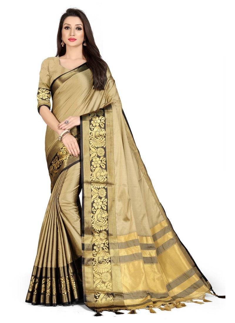 Generic Women's Cotton Silk Saree with Blouse (Chiku Black,5-6 Mtrs)