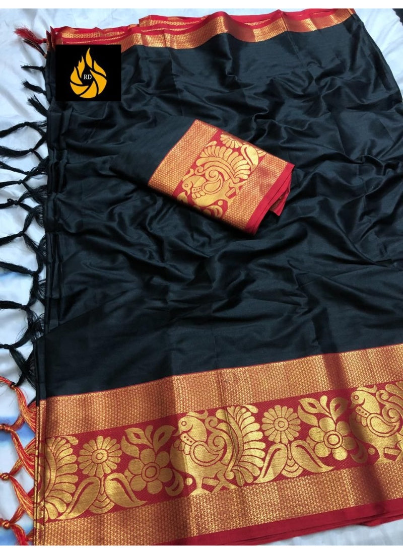 Generic Women's Cotton Silk Saree with Blouse (Black Red,5-6 Mtrs)