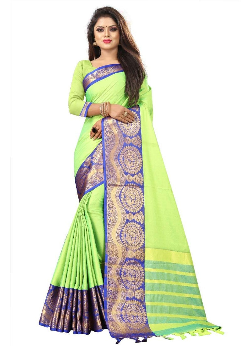 Generic Women's Cotton Silk Saree with Blouse (Parrot Blue,5-6 Mtrs)