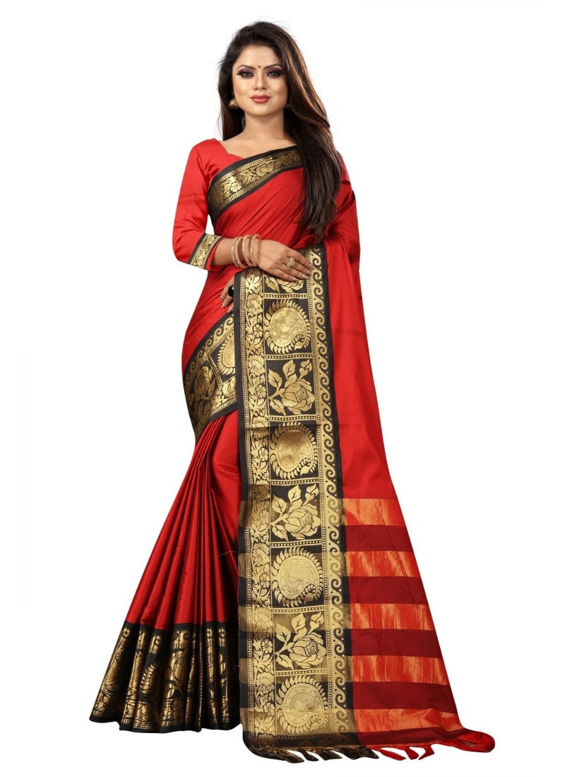 Generic Women's Cotton Silk Saree with Blouse (Red Black,5-6 Mtrs)