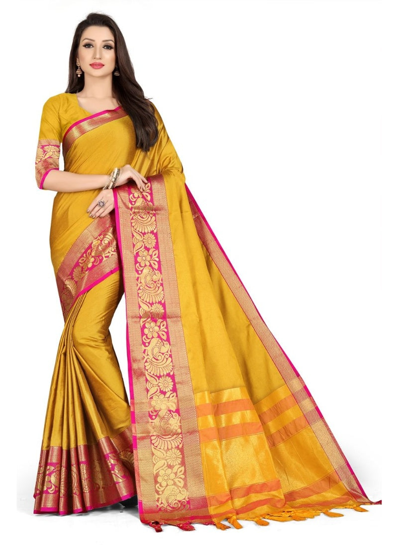Generic Women's Cotton Silk Saree with Blouse (Yellow Pink,5-6 Mtrs)