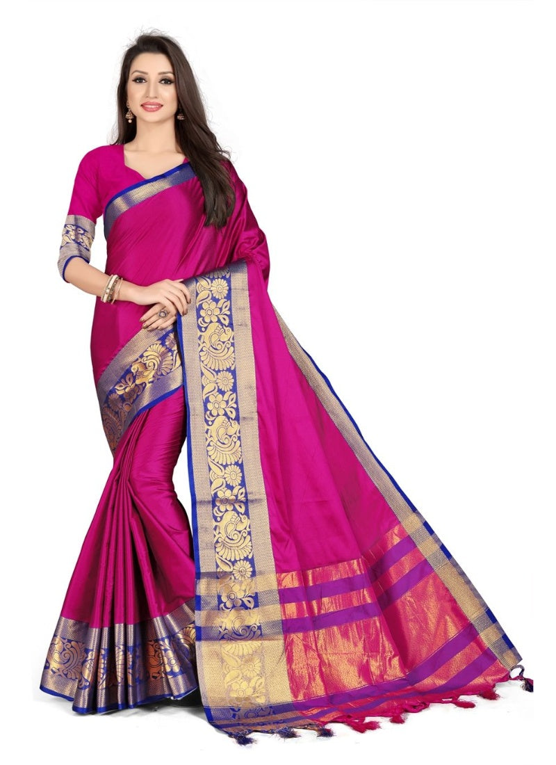 Generic Women's Cotton Silk Saree with Blouse (Rani Blue,5-6 Mtrs)