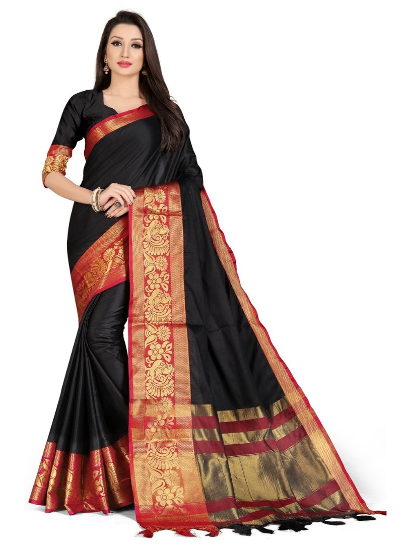 Generic Women's Cotton Silk Saree with Blouse (Black Red,5-6 Mtrs)