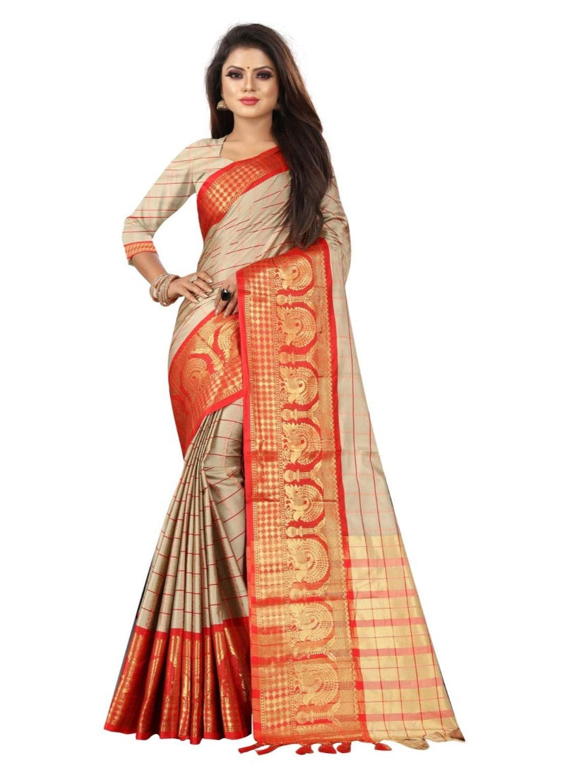 Generic Women's Cotton Silk Saree with Blouse (Chiku Red,5-6 Mtrs)