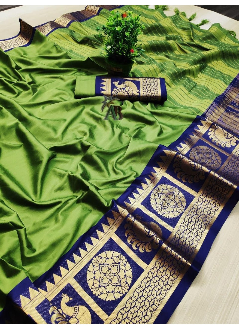 Generic Women's Cotton Silk Saree with Blouse (Mehandi Blue,5-6 Mtrs)