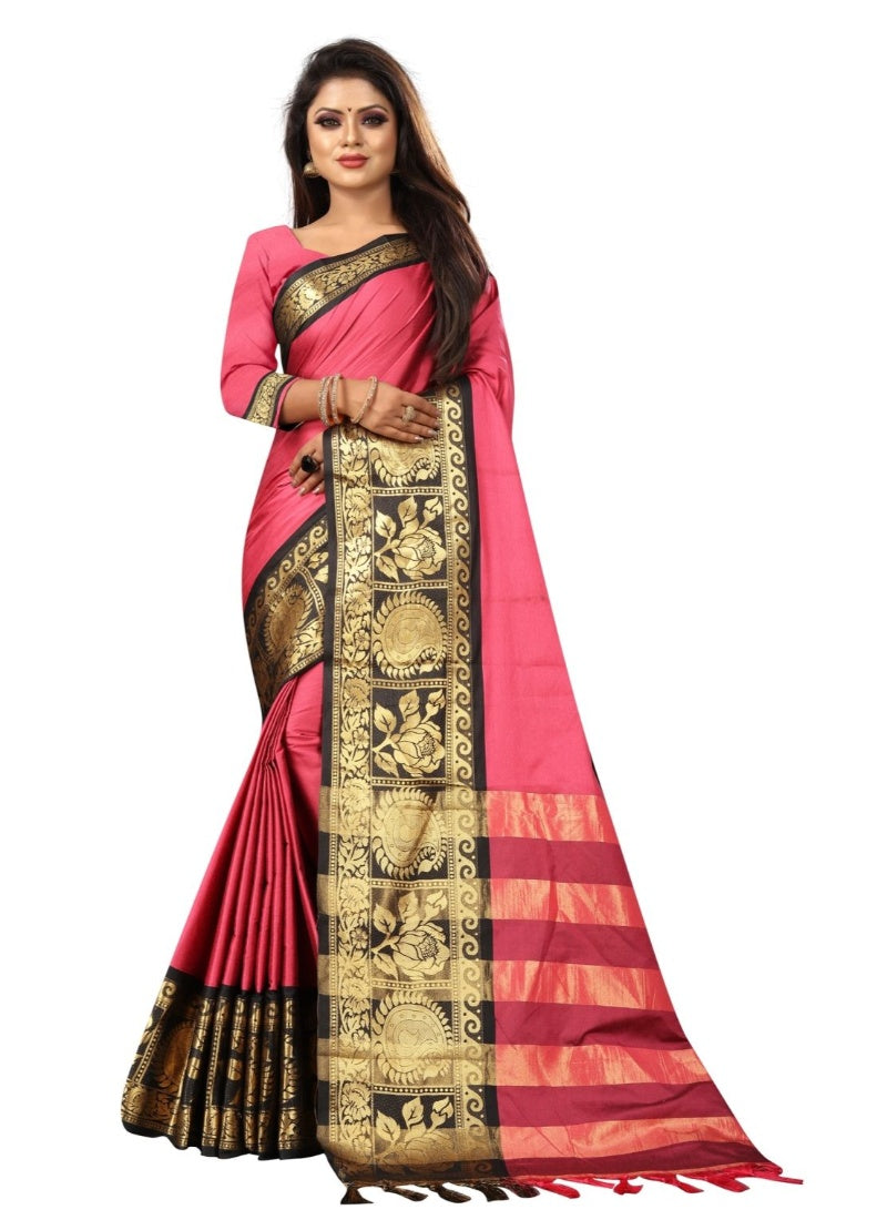 Generic Women's Cotton Silk Saree with Blouse (Pink Black,5-6 Mtrs)