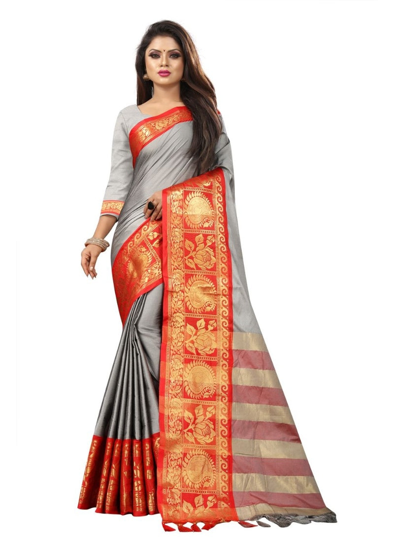 Generic Women's Cotton Silk Saree with Blouse (Grey Red,5-6 Mtrs)