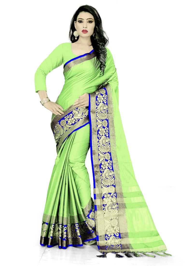 Generic Women's Cotton Silk Saree with Blouse (Parrot Blue,5-6 Mtrs)
