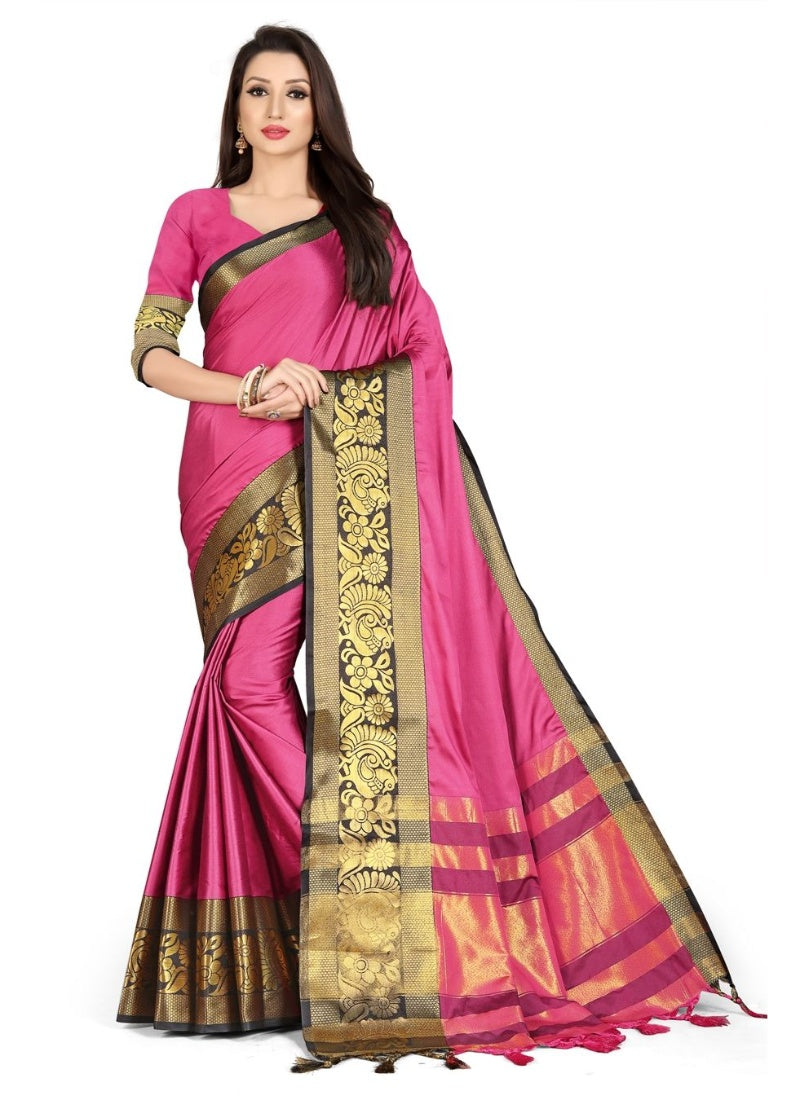 Generic Women's Cotton Silk Saree with Blouse (Gajri Black,5-6 Mtrs)