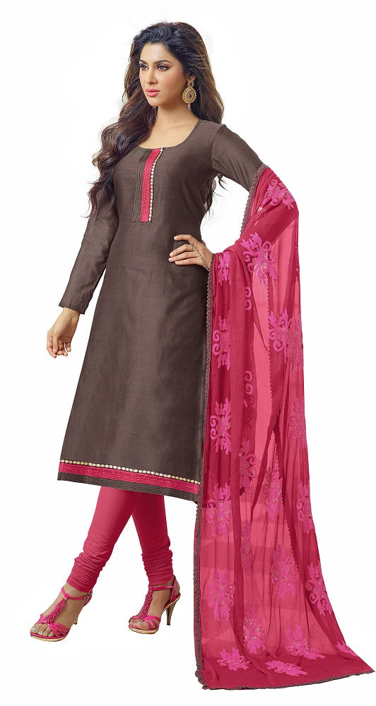Women's Brown Chanderi Unstitched Dress Material